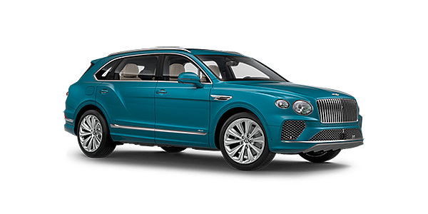 Bentley Basel Bentley Bentayga EWB Azure front side angled view in Topaz blue coloured exterior. 
