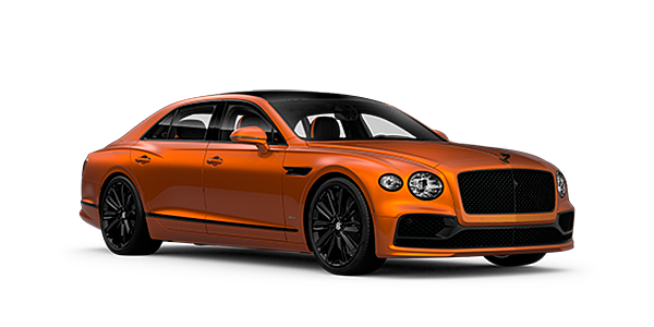 Bentley Basel Bentley Flying Spur Speed front side angled view in Orange Flame coloured exterior. 