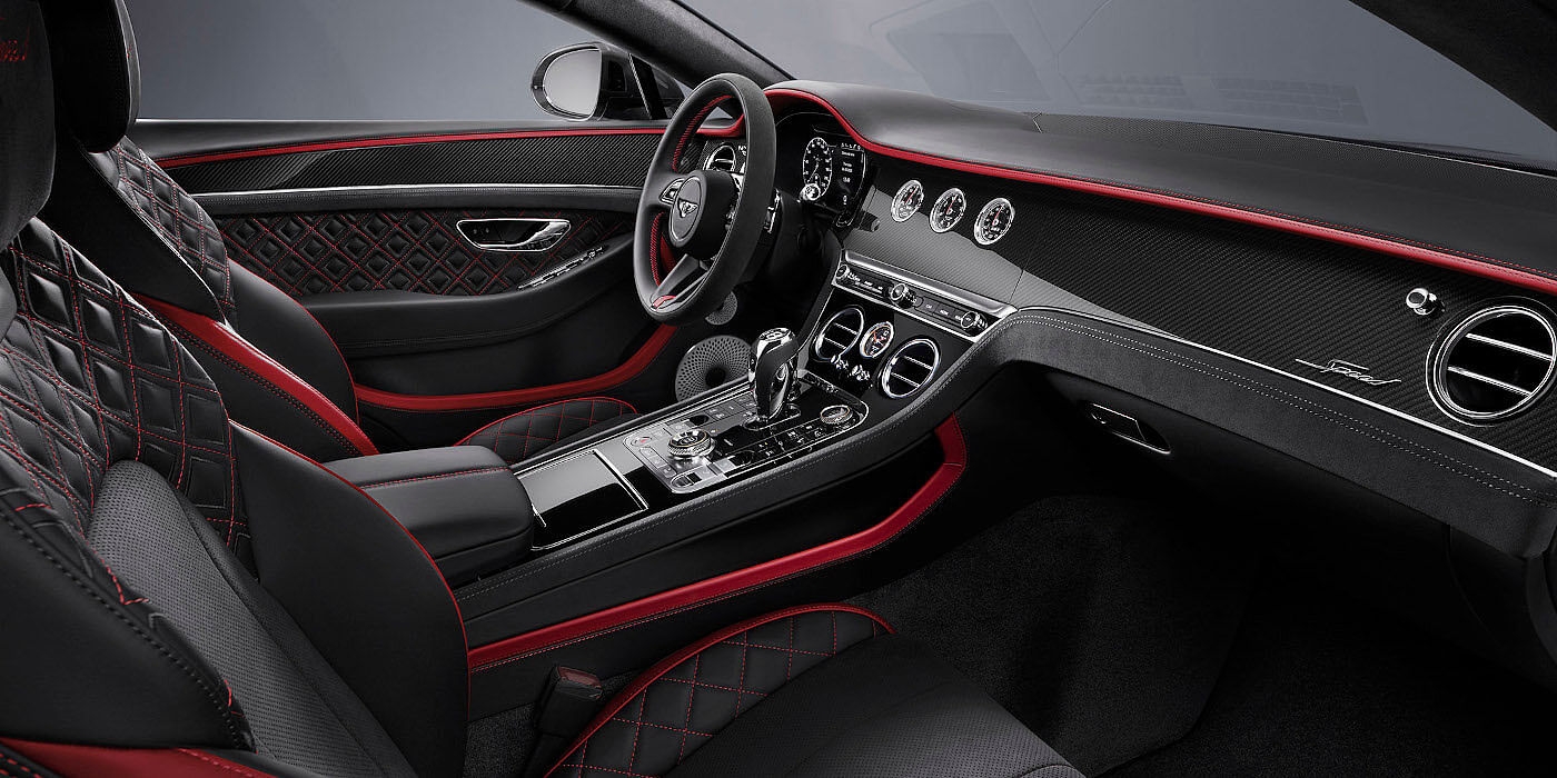 Bentley Basel Bentley Continental GT Speed coupe front interior in Beluga black and Hotspur red hide