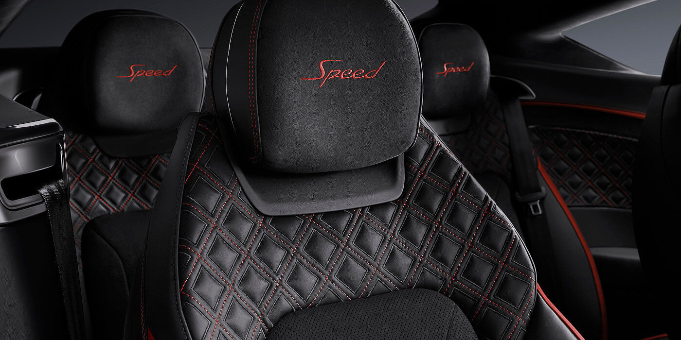Bentley Basel Bentley Continental GT Speed coupe seat close up in Beluga black and Hotspur red hide