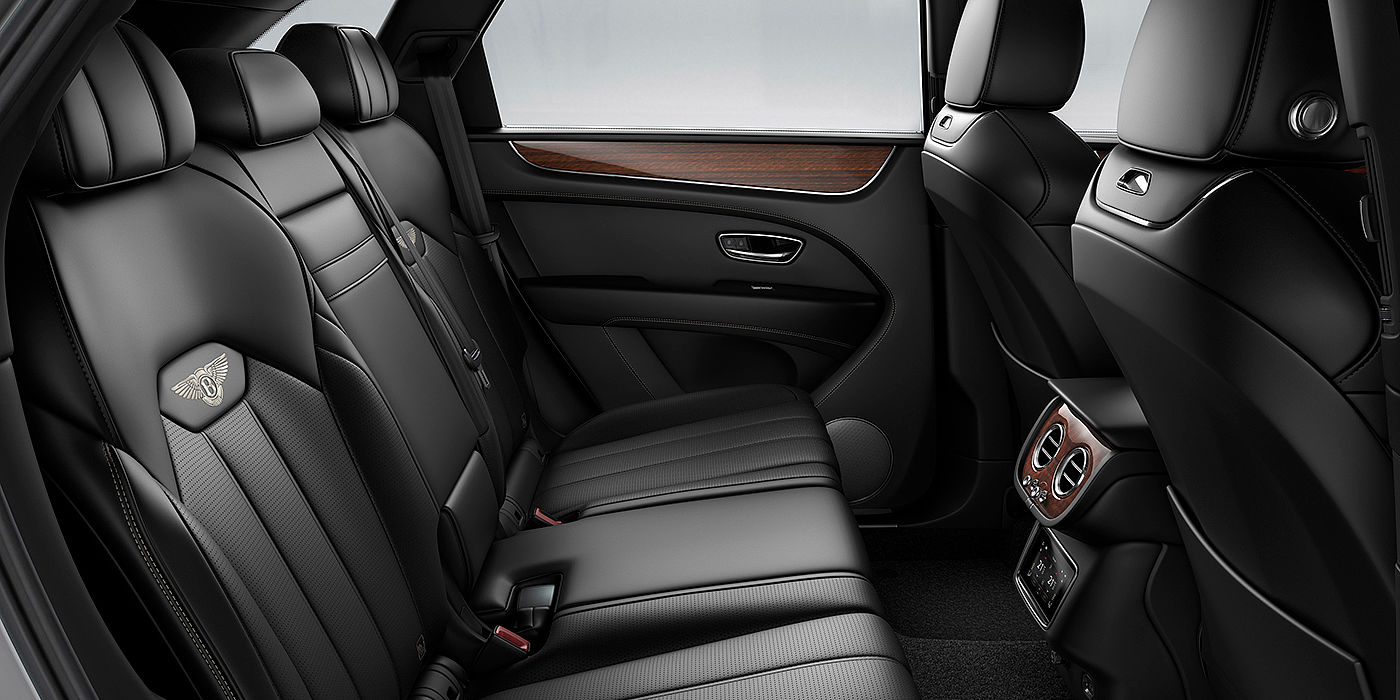 Bentley Basel Bentey Bentayga interior view for rear passengers with Beluga black hide.