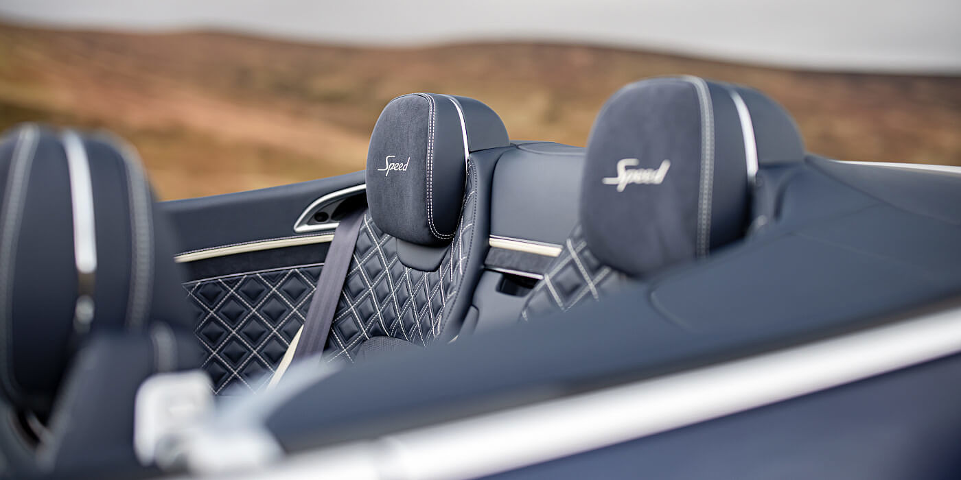 Bentley Basel Bentley Continental GTC Speed convertible rear interior in Imperial Blue and Linen hide