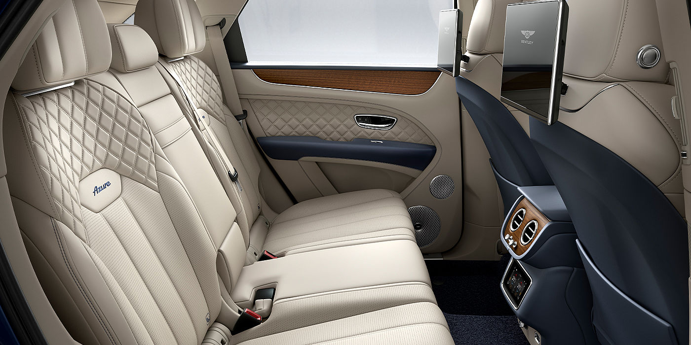 Bentley Basel Bentley Bentayga Azure SUV rear interior in Imperial Blue and Linen hide