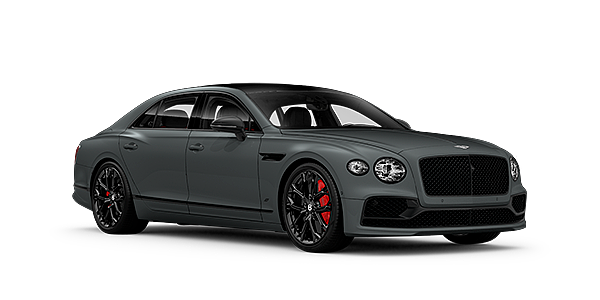 Bentley Basel Bentley Flying Spur S front side angled view in Cambrian Grey coloured exterior. 