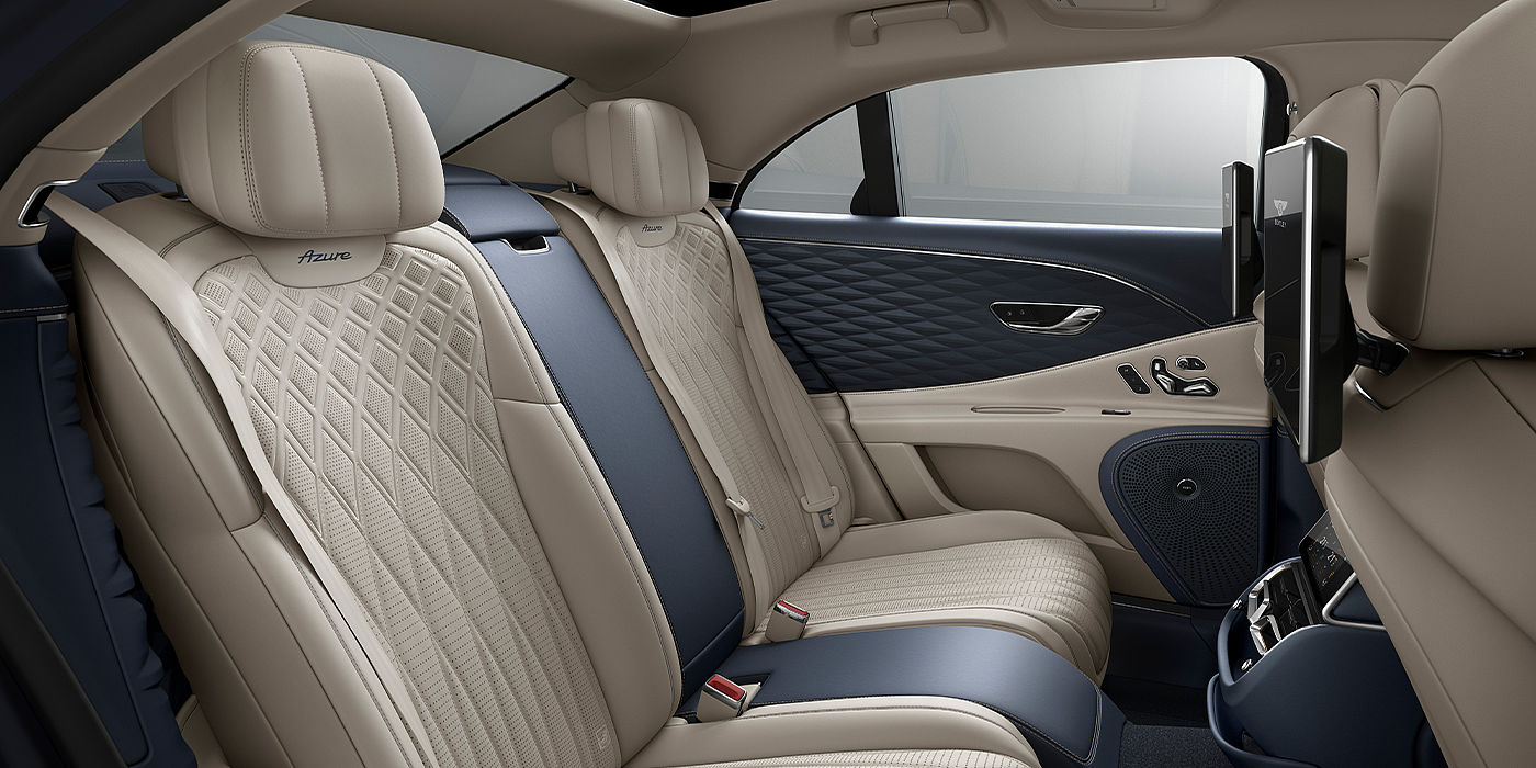 Bentley Basel Bentley Flying Spur Azure sedan rear interior in Imperial Blue and Linen hide