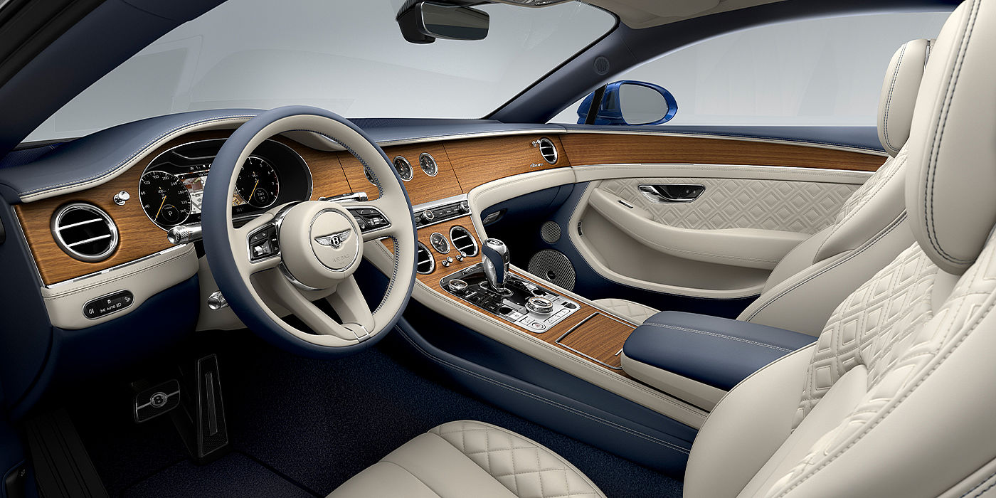 Bentley Basel Bentley Continental GT Azure coupe front interior in Imperial Blue and linen hide