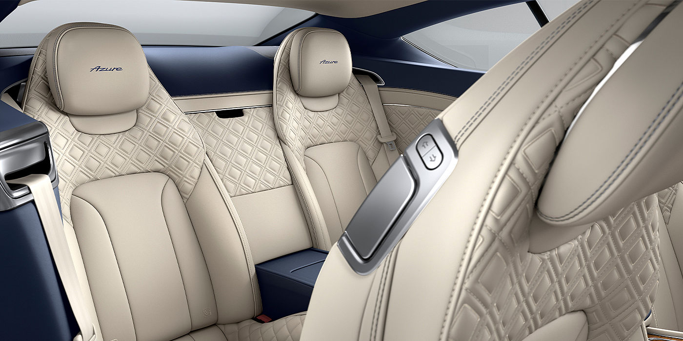 Bentley Basel Bentley Continental GT Azure coupe rear interior in Imperial Blue and Linen hide