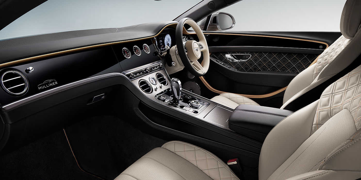 Bentley Basel Bentley Continental GT Mulliner coupe front interior in Beluga black and Linen hide