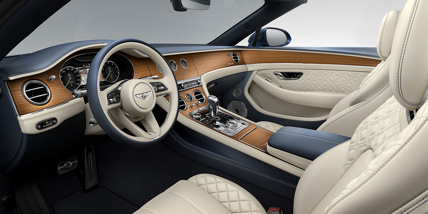 Bentley Basel Bentley Continental GTC Azure convertible front interior in Imperial Blue and Linen hide