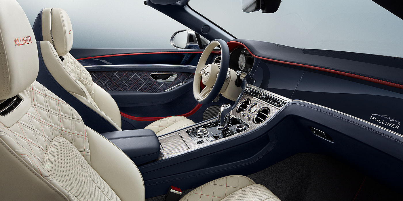 Bentley Basel Bentley Continental GTC Mulliner convertible front interior in Imperial Blue and Linen hide