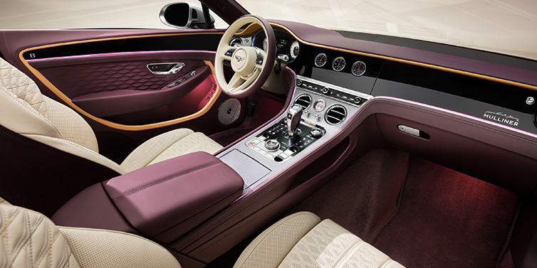 Bentley Basel Bentley Continental GTC Mulliner convertible front interior including Linen and Damson purple hides and Grand Black veneer